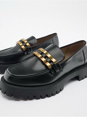 Black Leather Lug Sole Loafers with Gold Accent